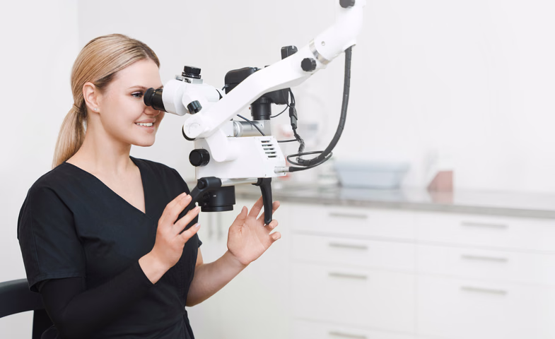 Сотрудница Simpla Dental смотрит в стоматологический микроскоп и держится за ручки прибора